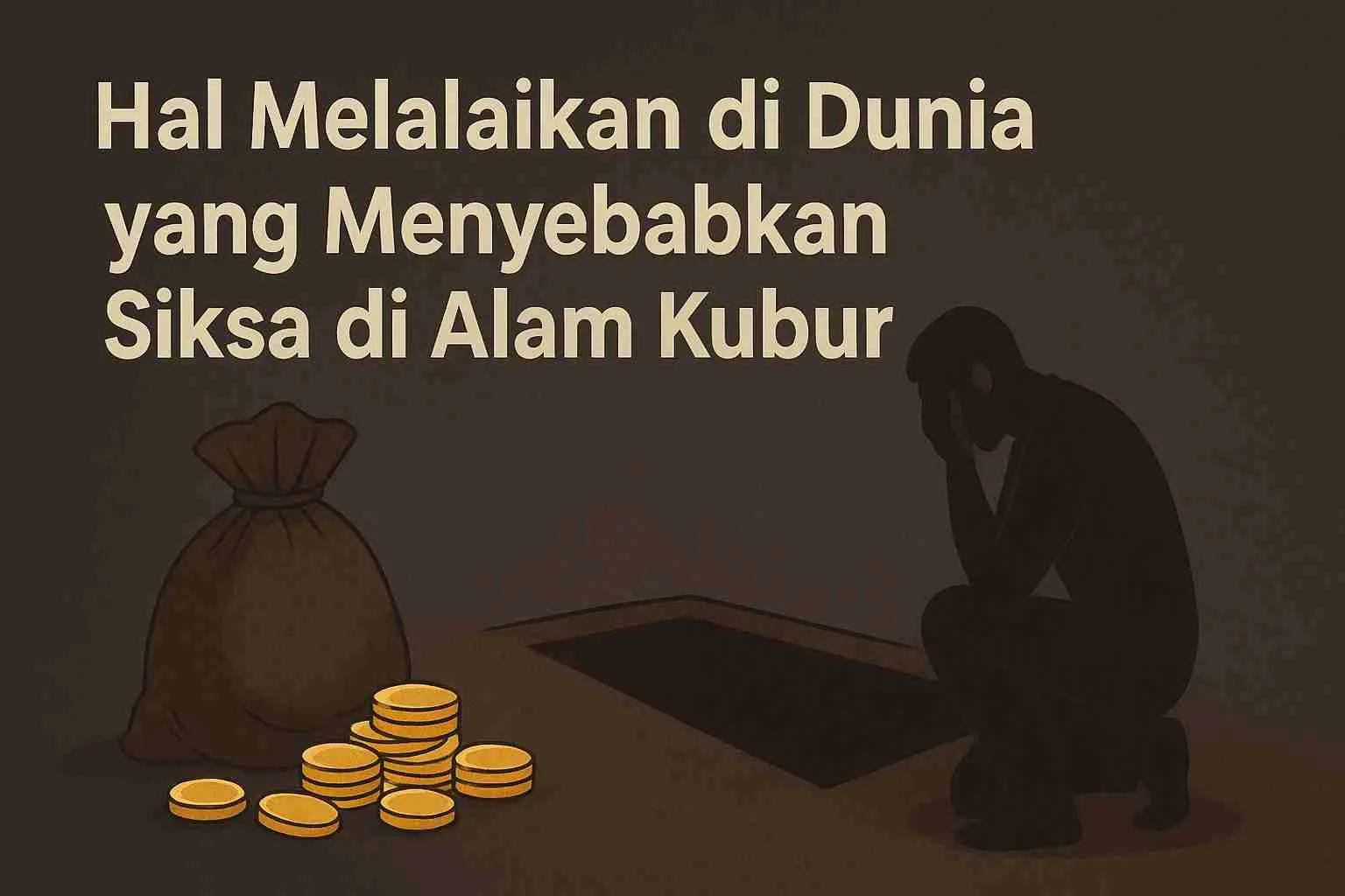 Ilustrasi Islami tentang harta dunia dan siksa kubur: tumpukan koin emas di samping kubur, dengan siluet manusia merenung, menggambarkan bahaya lalai dunia.
