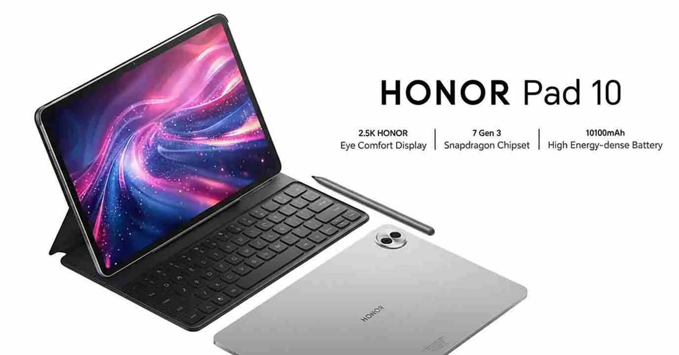 Tablet Honor Pad 10 dengan layar 12,1 inci, dilengkapi keyboard case dan stylus.