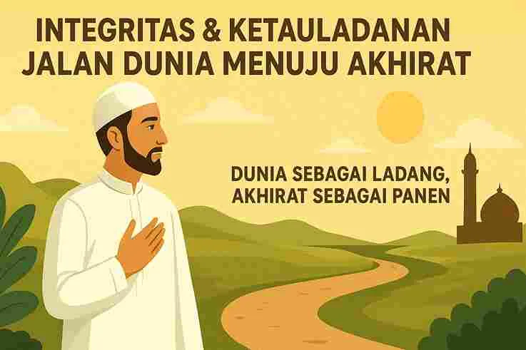 Ilustrasi muslim laki-laki dengan latar jalan menuju masjid, simbol integritas dan keteladanan.
