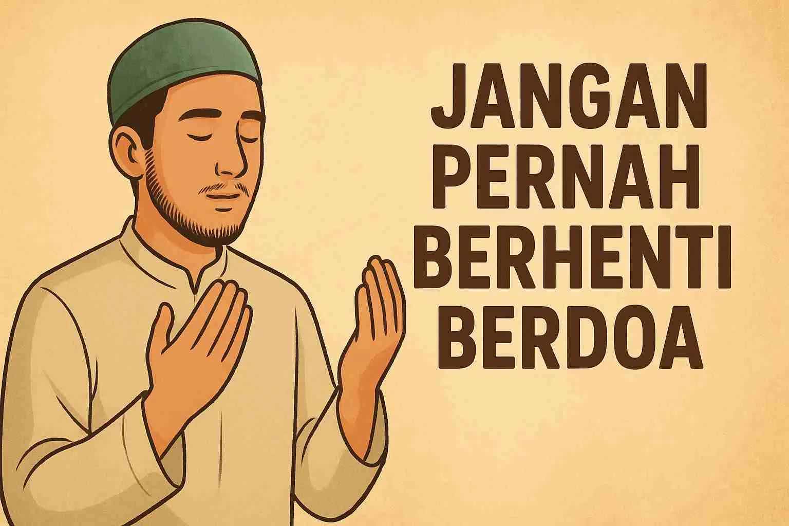 Ilustrasi seorang muslim berdoa dengan tangan terangkat, disertai tulisan “Jangan Pernah Berhenti Berdoa”.