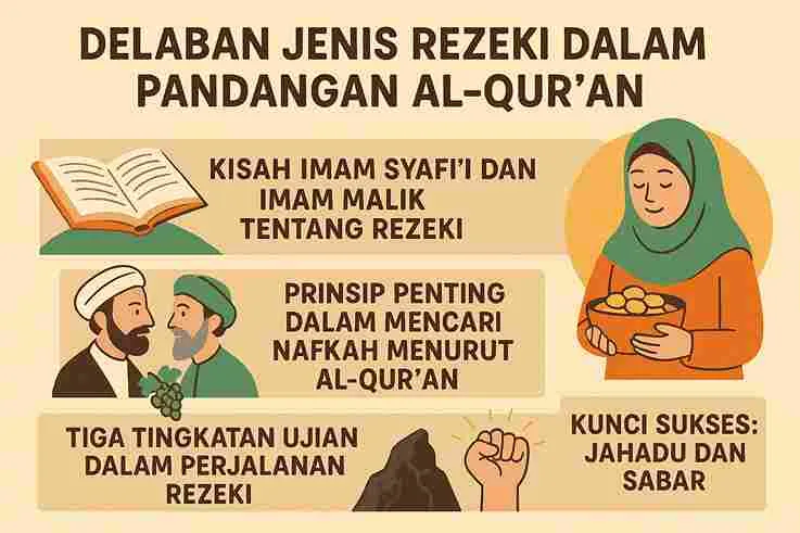 Ilustrasi Islam tentang delapan jenis rezeki dalam Al-Qur’an dengan ikon kitab, tokoh Imam Syafi’i dan Imam Malik, wanita membawa rezeki, serta simbol ujian hidup.