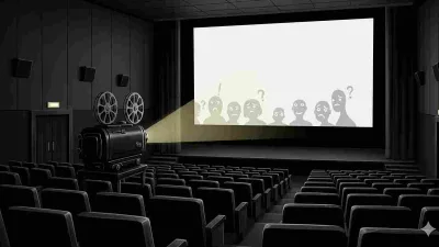 Ilustrasi kritis bioskop gelap dengan proyektor tua dan kursi kosong, simbol hilangnya komitmen film Indonesia.