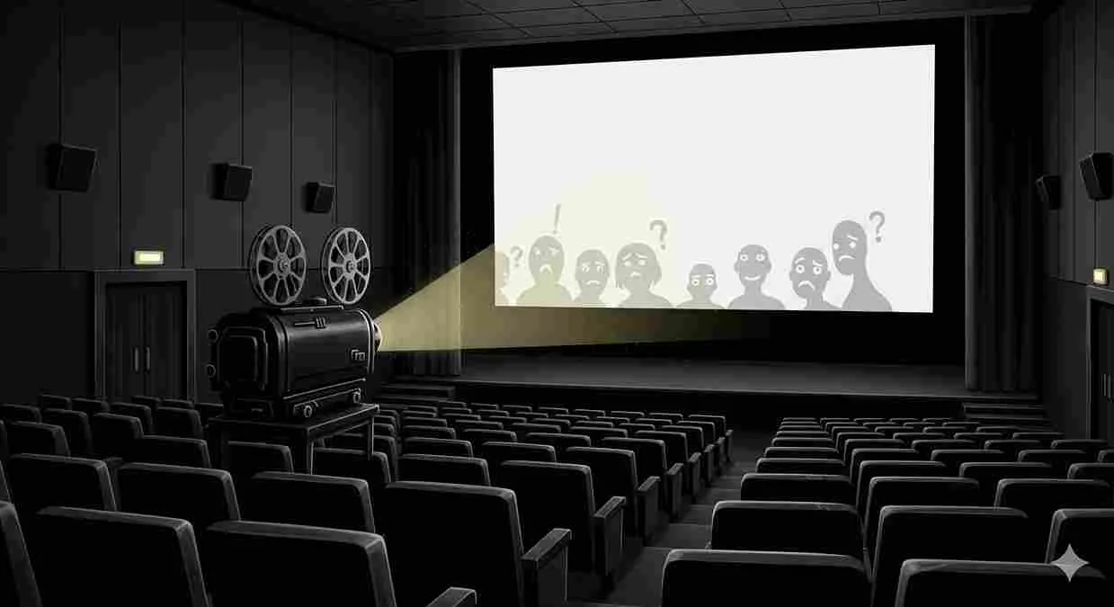 Ilustrasi kritis bioskop gelap dengan proyektor tua dan kursi kosong, simbol hilangnya komitmen film Indonesia.