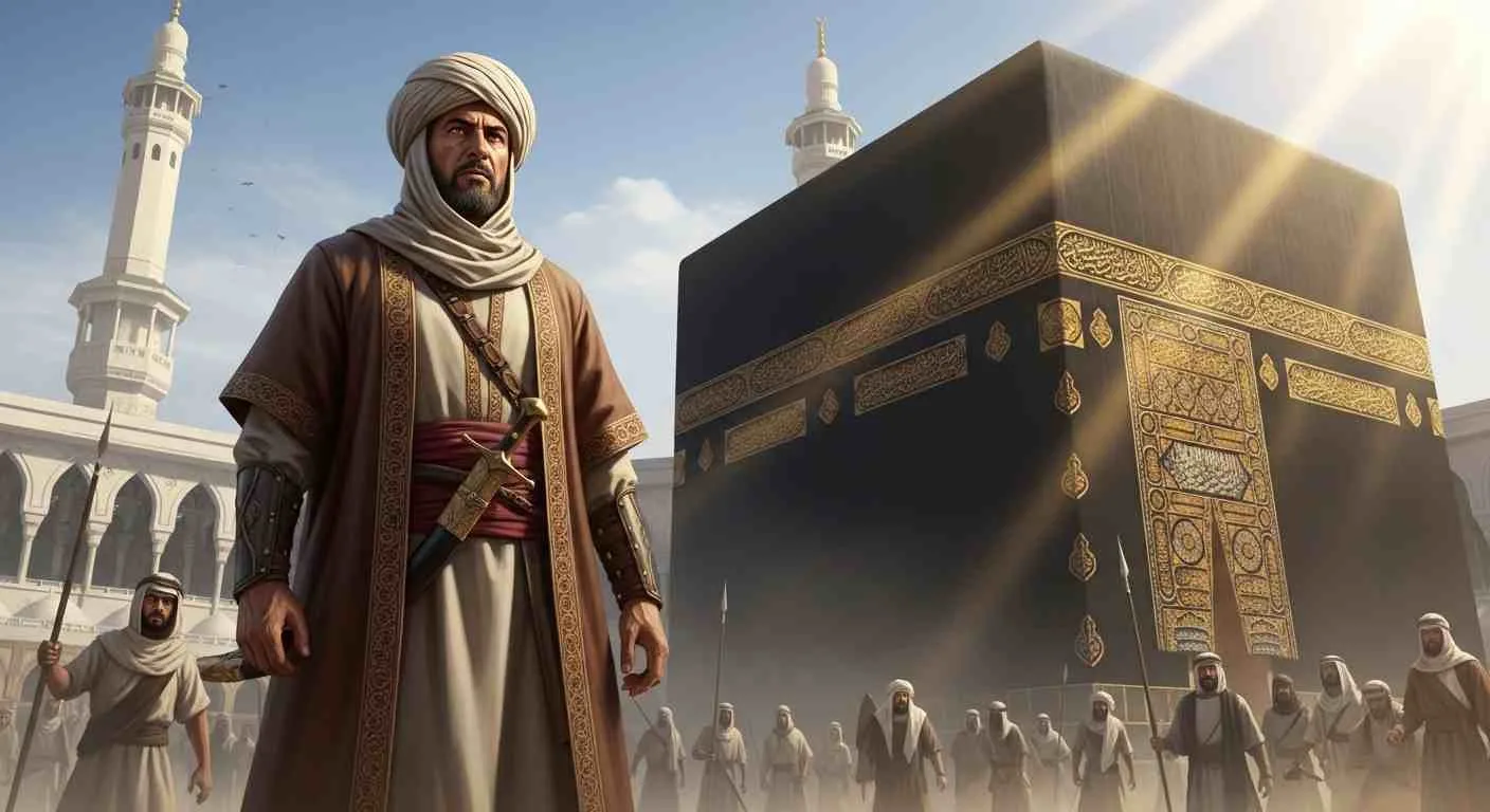 Ilustrasi Umar bin Khattab RA berdiri gagah di depan Ka’bah saat mengumumkan hijrahnya ke Madinah dengan penuh keberanian.