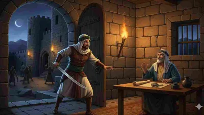 Ilustrasi Abdullah bin Abi Atiq sahabat Nabi Muhammad menyerang Abu Rafi di dalam benteng Yahudi pada malam hari.
