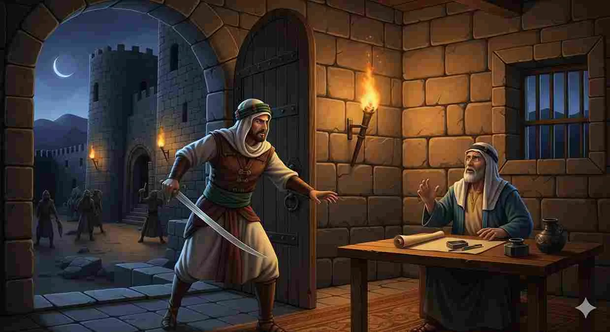 Ilustrasi Abdullah bin Abi Atiq sahabat Nabi Muhammad menyerang Abu Rafi di dalam benteng Yahudi pada malam hari.
