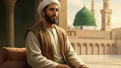 Ilustrasi Utsman bin Affan Dzun Nurain, sahabat Nabi ﷺ yang dermawan dan menantu Rasulullah.