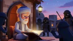 Ilustrasi bergaya kartun islami menampilkan Utsman bin Affan radhiyallahu ‘anhu sedang membaca mushaf Al-Qur’an dengan tenang, sementara sekelompok pemberontak mengepung rumahnya.