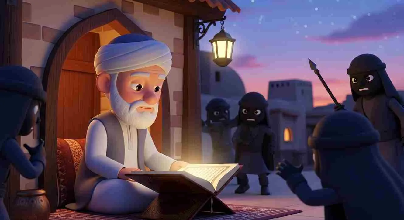 Ilustrasi bergaya kartun islami menampilkan Utsman bin Affan radhiyallahu ‘anhu sedang membaca mushaf Al-Qur’an dengan tenang, sementara sekelompok pemberontak mengepung rumahnya.