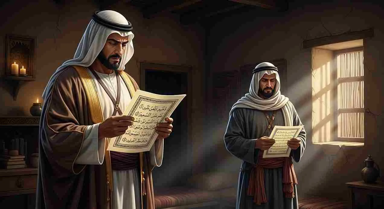Ilustrasi dua pria Arab berpakaian tradisional sedang membaca mushaf Al-Qur’an di dalam rumah sederhana dengan cahaya matahari masuk dari jendela.