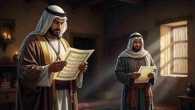 Ilustrasi Umar bin Khattab membaca lembaran mushaf Al-Qur’an di dalam rumah sederhana dengan cahaya matahari yang masuk dari jendela.
