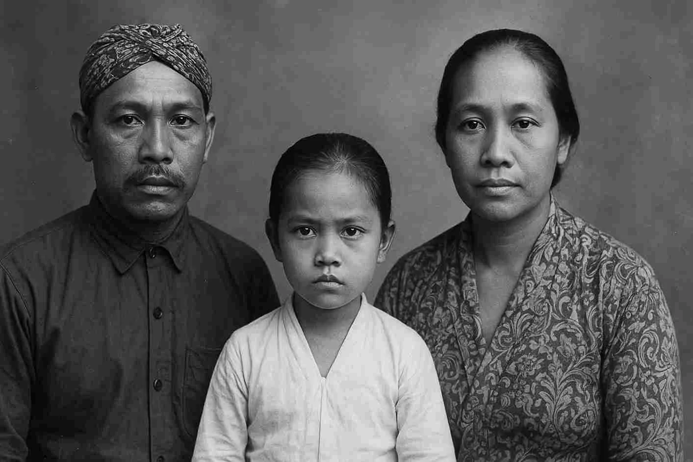 Foto hitam putih keluarga Jawa tempo dulu, terdiri dari ayah, ibu, dan anak perempuan dengan ekspresi serius.