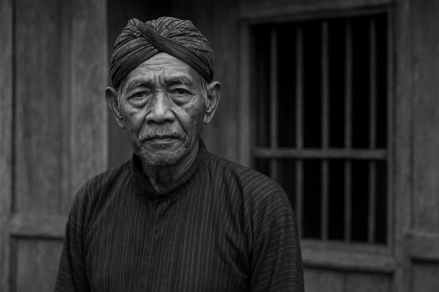 Potret hitam putih seorang pria Jawa tua memakai blangkon dan baju tradisional, berdiri di depan rumah kayu sederhana.