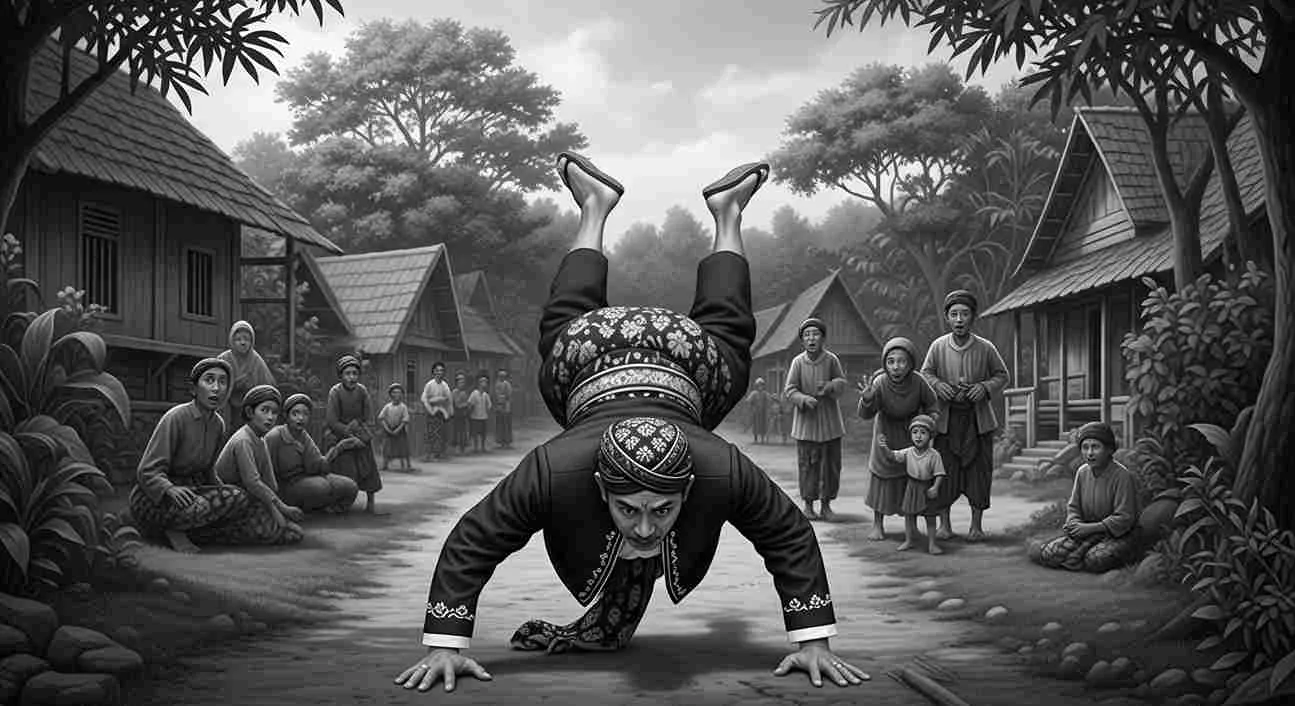 Ilustrasi orang Jawa tempo dulu berpakaian tradisional jatuh tersungkur ke depan (kejlungup) di jalan desa dengan latar rumah joglo dan warga yang menyaksikan.
