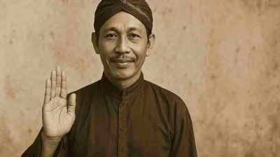 Potret orang Jawa tempo dulu mengenakan blangkon dan pakaian tradisional, dengan salam tangan terangkat, bergaya sepia klasik.