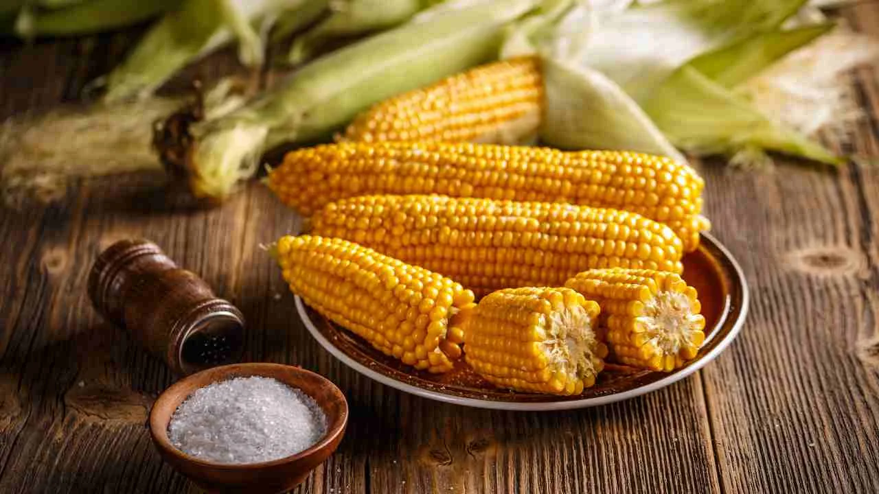 Jagung rebus segar di atas piring kayu, kaya serat, vitamin, dan energi.