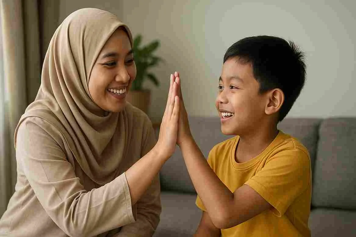 Seorang ibu berhijab tersenyum sambil memberi high five pada anak laki-lakinya yang juga tersenyum, melambangkan dukungan dan kedekatan dalam membangun mental tangguh anak.