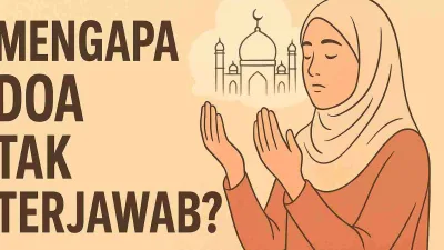 Ilustrasi muslimah berdoa dengan khusyuk, menggambarkan renungan tentang doa yang belum terkabul.