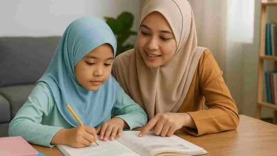 Seorang ibu muslim Indonesia mendampingi anaknya belajar membaca dan menulis di rumah.