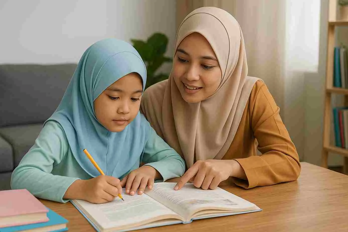 Seorang ibu muslim Indonesia mendampingi anaknya belajar membaca dan menulis di rumah.