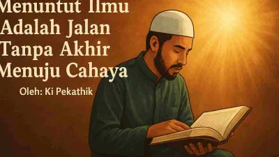 Ilustrasi seorang Muslim sedang membaca kitab dengan cahaya terang sebagai simbol ilmu dalam Islam.