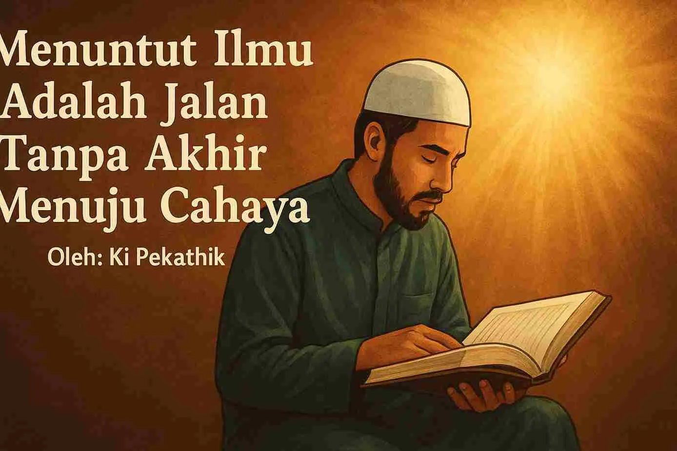 Ilustrasi seorang Muslim sedang membaca kitab dengan cahaya terang sebagai simbol ilmu dalam Islam.