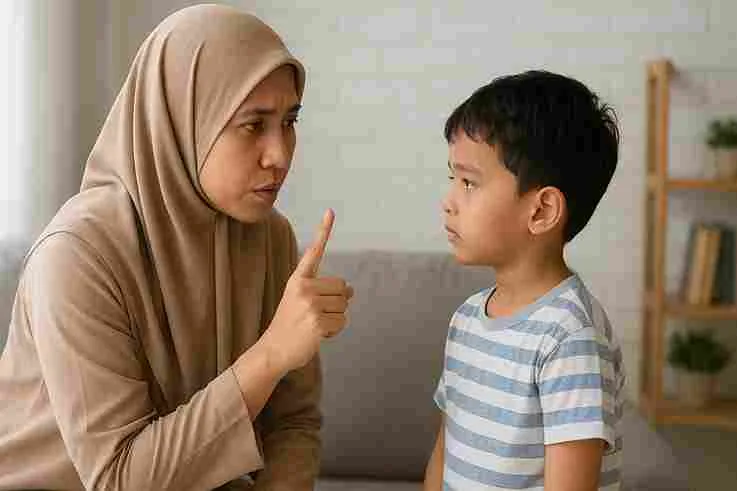 Ibu Muslim Indonesia sedang menegur anak laki-lakinya dengan lembut di ruang tamu.