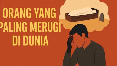 Ilustrasi renungan Islam tentang orang yang paling merugi di dunia, seorang pria merenung dengan bayangan kain kafan di alam kubur.