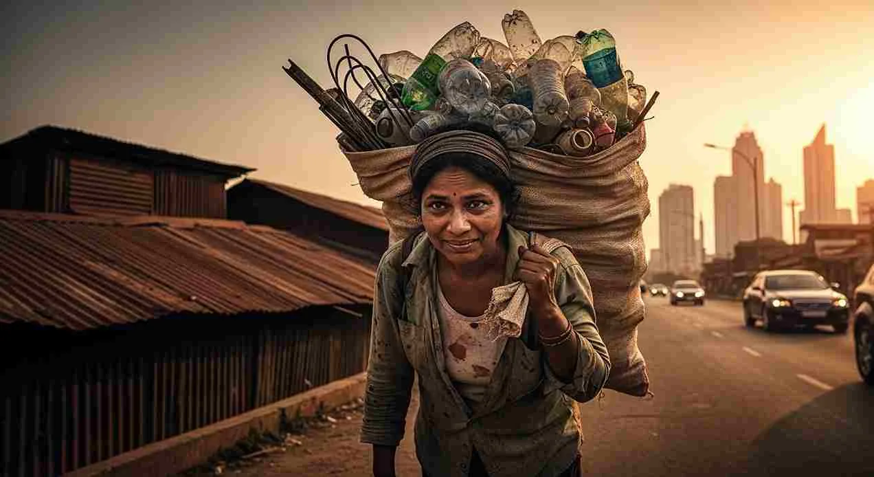 Seorang pedagang rongsok memikul karung besar berisi botol plastik bekas di jalan berdebu dengan latar gedung-gedung tinggi saat senja.
