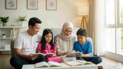 Keluarga muslim Indonesia sedang mendampingi anak-anak belajar bersama di ruang tamu dengan suasana hangat dan penuh kasih sayang