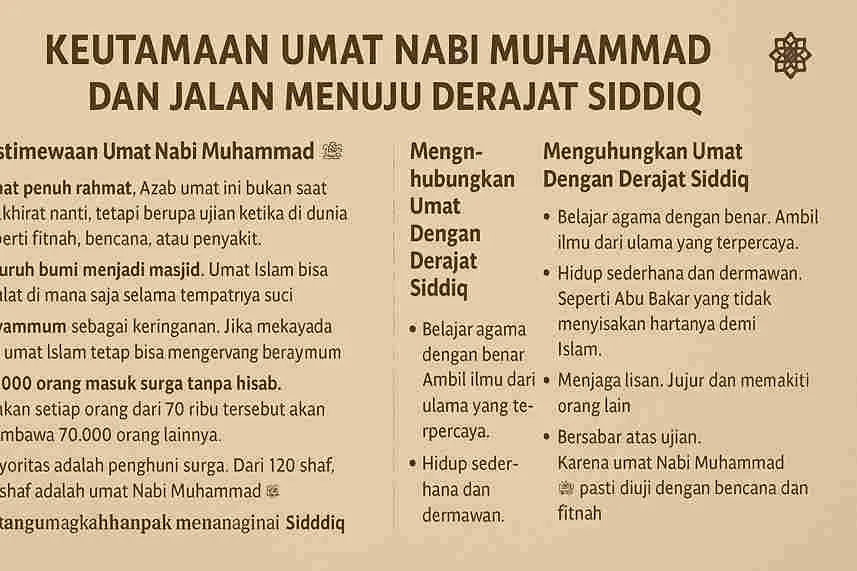 Infografis Islami tentang keutamaan umat Nabi Muhammad ﷺ dan langkah menuju derajat Siddiq.