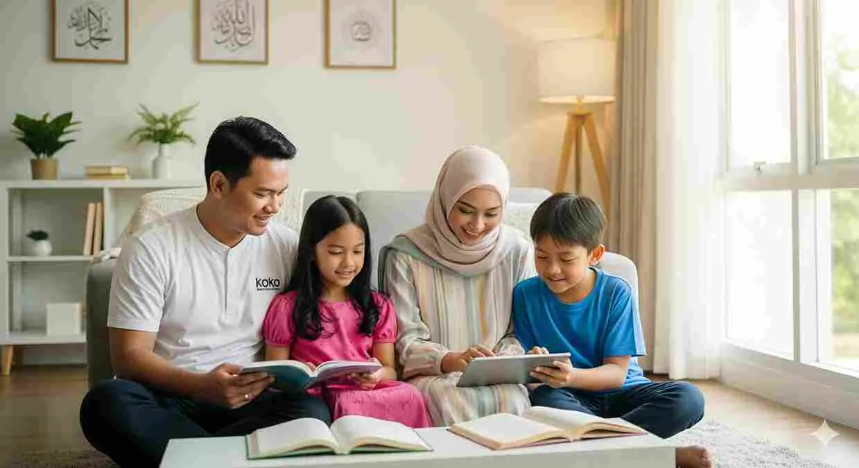 Keluarga muslim sedang belajar bersama di ruang tamu dengan suasana hangat dan penuh kebersamaan.