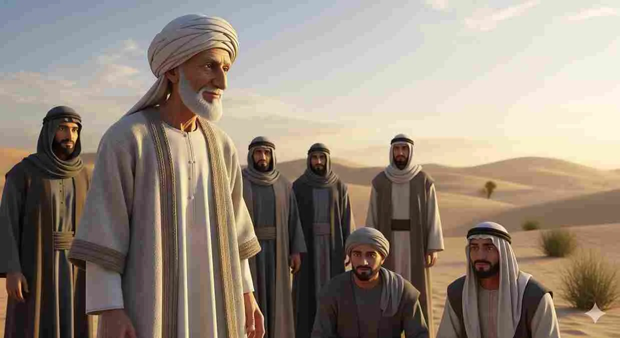 Ilustrasi 3D Abu Bakar Ash-Shiddiq bersama para sahabat di padang pasir, bergaya Islami dan penuh ketenangan.