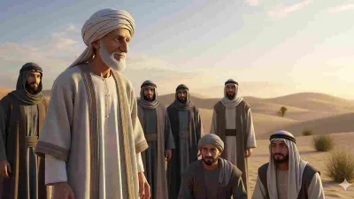 Seorang sahabat tua bijaksana berdiri di padang pasir dikelilingi para sahabat lain yang mendengarkan dengan penuh hormat.