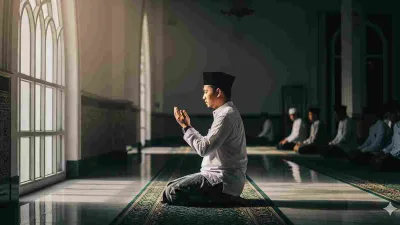 Seorang muslim sedang berdoa setelah shalat di masjid dengan khusyuk, sebagai pengingat pentingnya menjaga shalat.