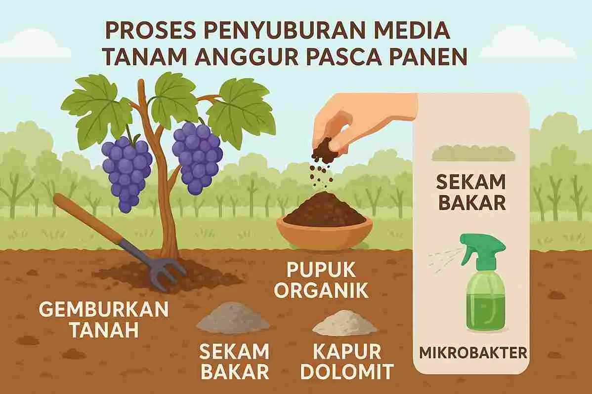 Ilustrasi proses penyuburan media tanam anggur pasca panen dengan langkah menggemburkan tanah, menambahkan pupuk organik, sekam bakar, kapur dolomit, serta penyemprotan mikrobakteri.