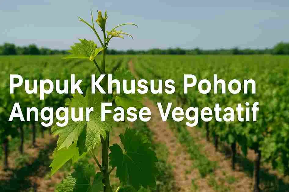 Pohon anggur pada fase vegetatif di perkebunan dengan daun hijau segar dan tulisan pupuk khusus pohon anggur fase vegetatif.