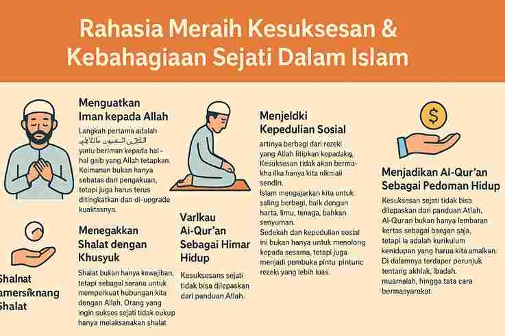 Infografis Islam berbahasa Indonesia tentang rahasia meraih kesuksesan dan kebahagiaan sejati dengan lima langkah utama: iman kepada Allah, shalat khusyuk, kepedulian sosial, menjadikan Al-Qur’an pedoman hidup, dan keyakinan pada akhirat.
