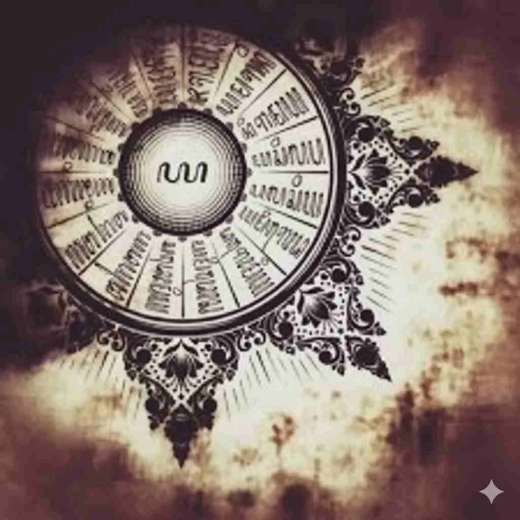 Gambar Rajah Kalacakra dengan aksara Jawa melingkar sebagai simbol kosmos, harmoni waktu, dan perlindungan Ilahi.