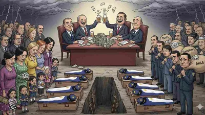 Karikatur satir pemakaman sepuluh polisi dengan peti mati berjajar, keluarga menangis, rakyat memikul beban pajak, sementara para pejabat berpesta uang di meja rapat.