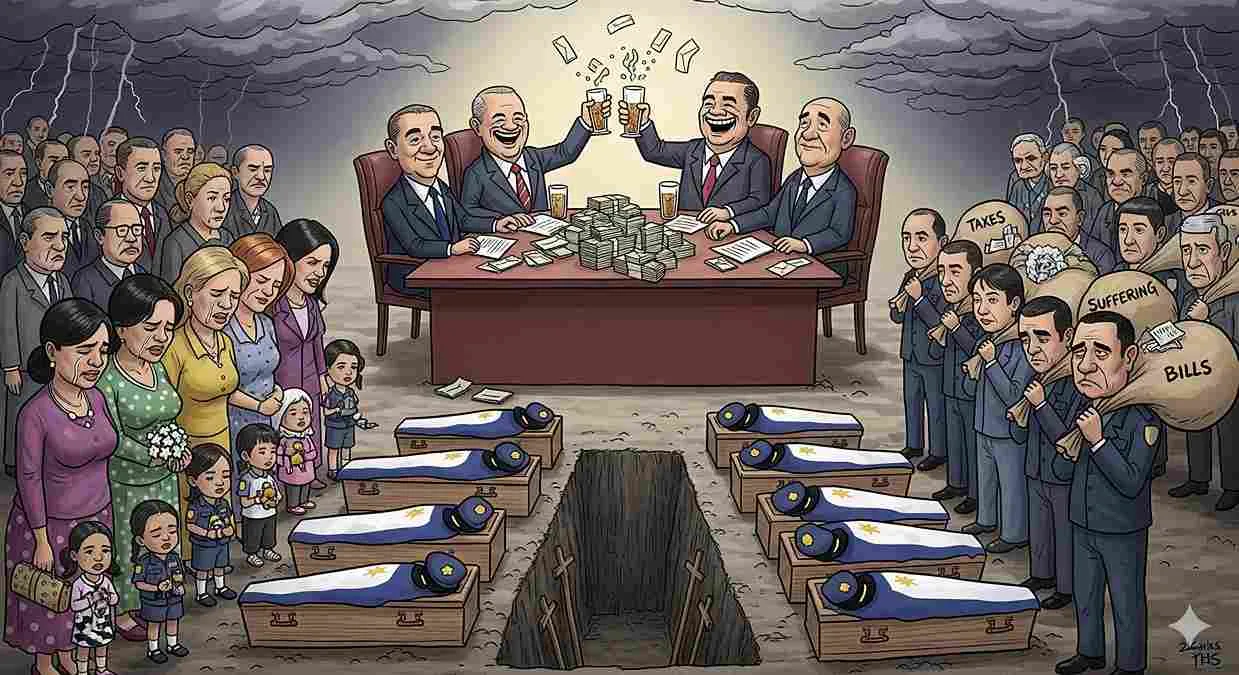 Karikatur satir pemakaman sepuluh polisi dengan peti mati berjajar, keluarga menangis, rakyat memikul beban pajak, sementara para pejabat berpesta uang di meja rapat.