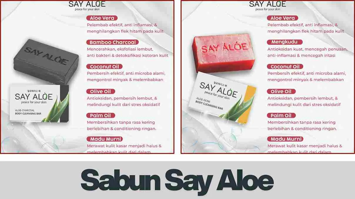 Sabun Say Aloe varian Charcoal dan Noni dengan bahan alami aloe vera, charcoal, mengkudu, coconut oil, olive oil, palm oil, dan madu murni.