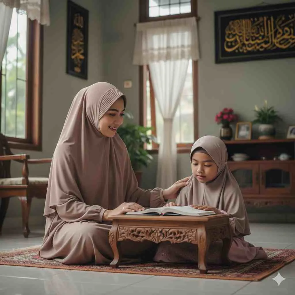 Ibu muslimah mendampingi anak perempuannya belajar membaca Al-Qur’an di rumah dengan suasana hangat.