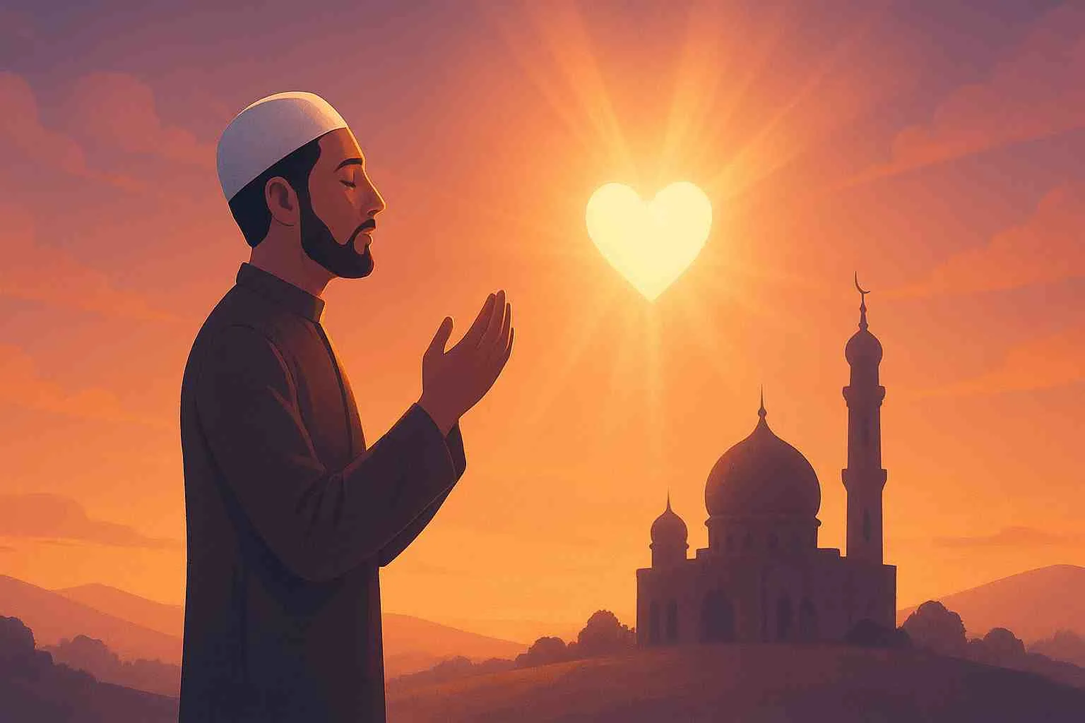 Seorang muslim berdoa di bawah cahaya matahari berbentuk hati dengan latar masjid, simbol iman sebagai kunci kebahagiaan sejati.