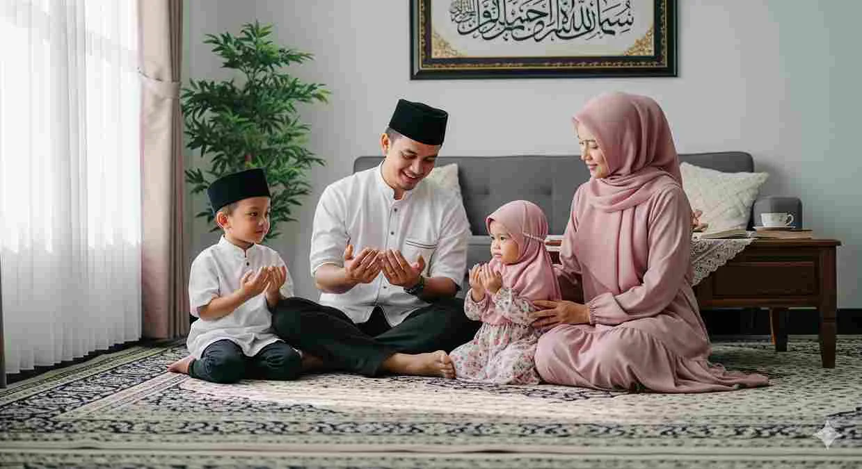 Keluarga Muslim Indonesia berdoa bersama di ruang tamu dengan penuh kebersamaan dan kasih sayang.