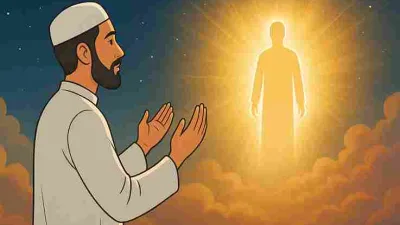 Ilustrasi seorang muslim berdoa dengan penuh harap kepada sosok bercahaya, melambangkan syafaat Nabi Muhammad ﷺ di hari kiamat.