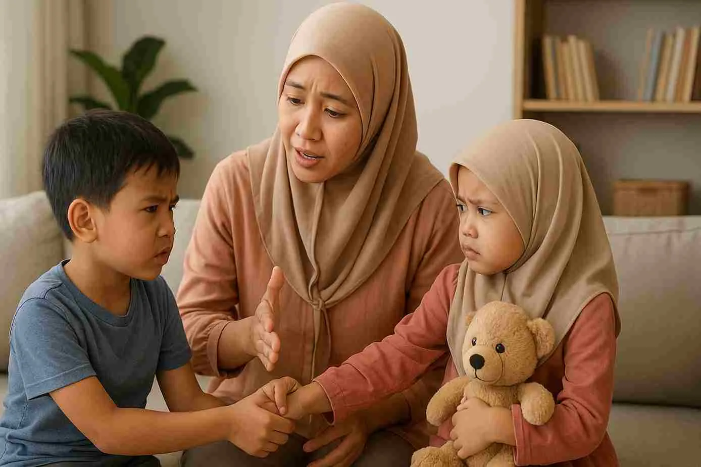Seorang ibu muslimah menasihati dua anaknya yang sedang bertengkar, menggambarkan cara menghadapi sibling rivalry dalam keluarga.