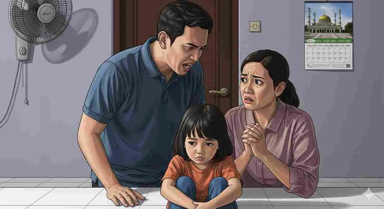 Keluarga Indonesia di ruang tamu; ayah memarahi anak kecil yang tampak sedih, ibu terlihat cemas. Ilustrasi toxic parenting di rumah.