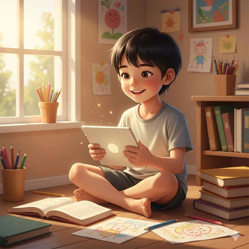 Anak laki-laki Indonesia sedang belajar sambil memegang tablet di ruang belajar dengan suasana hangat dan cerah.