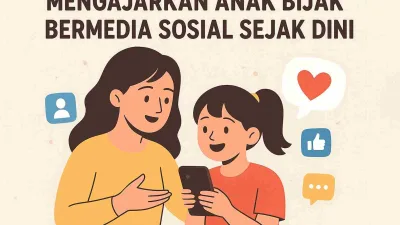 Ilustrasi ibu dan anak belajar menggunakan media sosial dengan bijak sejak dini, digambarkan dalam gaya kartun modern yang hangat dan edukatif.